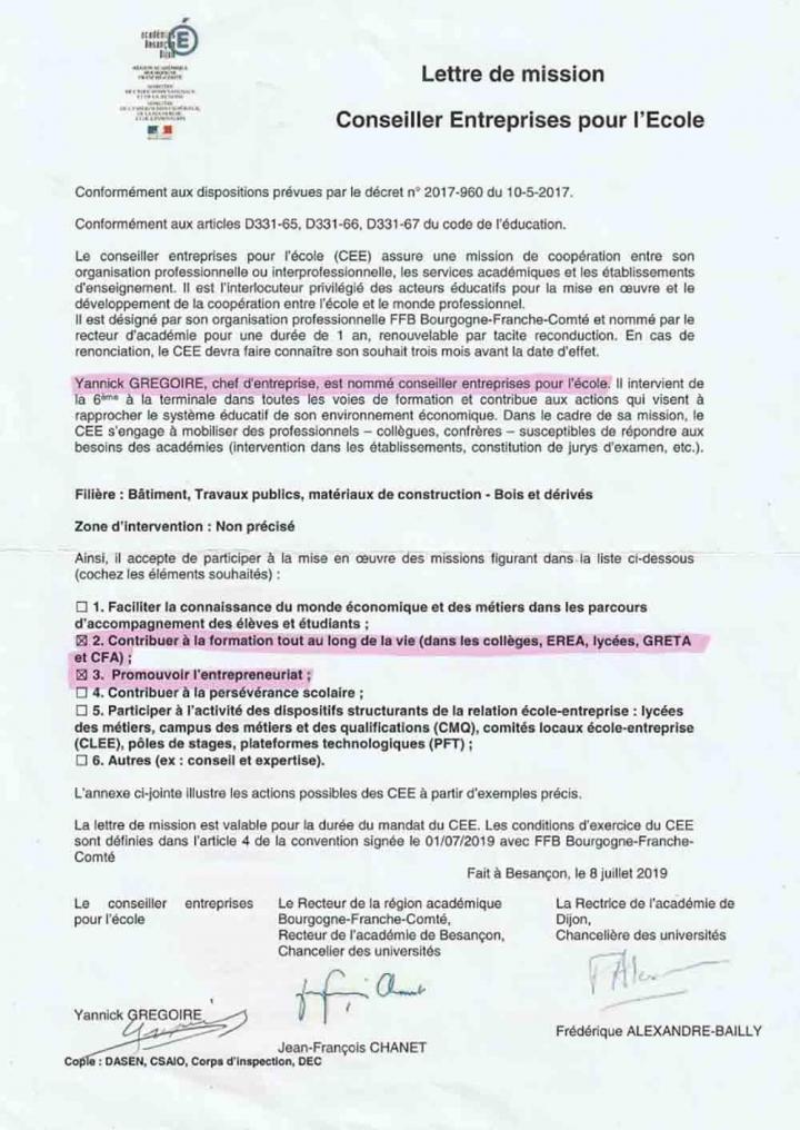 Lettre de mission Conseiller Entreprises pour l' Ecole Dijon